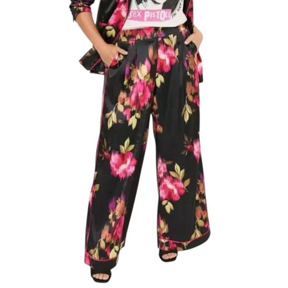 Torrid Floral Satin High Rise Wide Leg Pant Sz 00Tall Large Black Pink - Picture 1 of 9